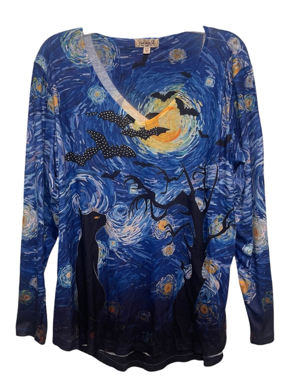 ONE WORLD Live and Let Live Blue Starry Night Cat Bat Long Sleeve Top XXL NWOT